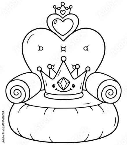 Heart throne coloring page with crown character and royal cushion