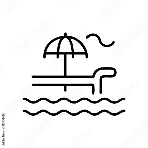 Sun lounger with umbrella beside waves in a swimming pool  