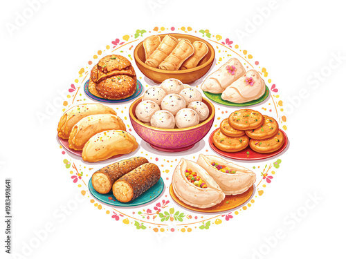 A vibrant collection of traditional indian sweets and snacks arranged in a circular composition. isolated on white background
