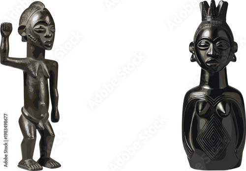 African Tribal Sculptures Illustration with Black Wooden Statues Representing Traditional Culture, Ethnic Artifacts, and Indigenous Heritage Decorative Design