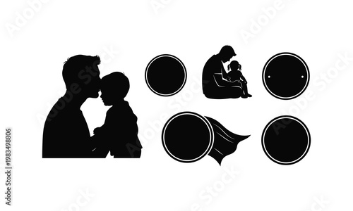 Father and child love silhouette vector and badge illustration with family bonding motifs.