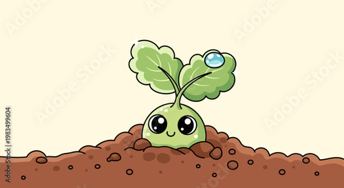 Cute cartoon plant sprouting from soil.