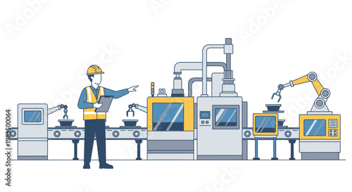 Factory worker supervising automated assembly line with robotic arms and machinery