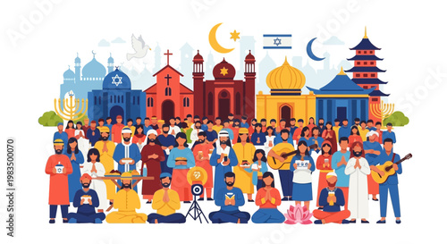 Diverse Religious Community Gathering Celebrating Unity and Faith with Symbols