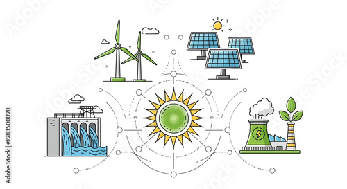 Renewable Energy Sources: Wind, Solar, Hydro, Geothermal Power Generation Concept