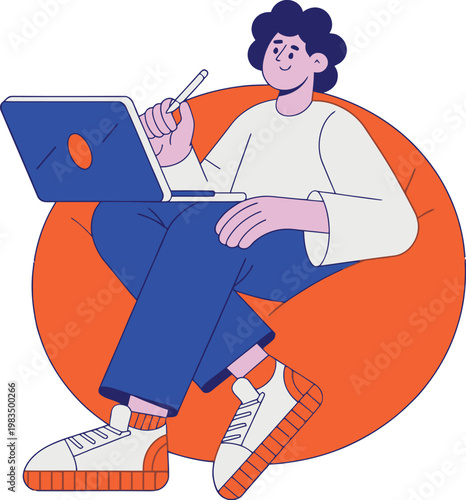 Relaxed young adult person working on laptop computer while sitting on bean bag chair at home with casual comfortable clothing and modern technology