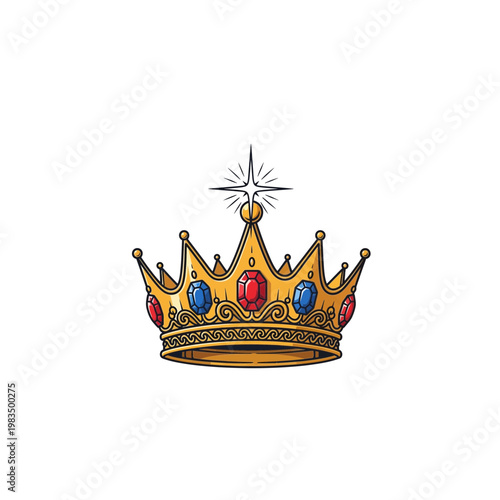 Royal golden crown with red and blue gemstones and sparkling detail