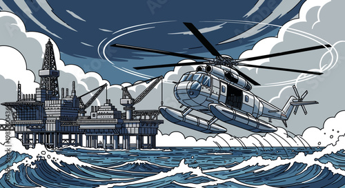 Helicopter flies over stormy sea towards offshore oil rig platform in industrial maritime scene