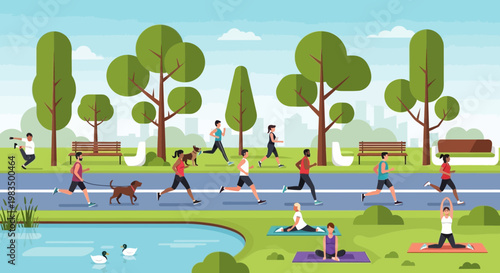 Active people running and doing yoga in a park with a lake and trees