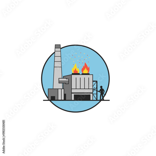 Industrial factory manufacturing plant icon with worker and smoking chimney