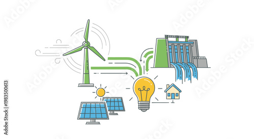 Renewable Energy Sources Powering Homes and Industry - Wind, Solar, Hydro