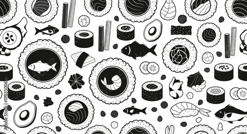 Black and white pattern of various sushi, fish, avocado, and cucumber slices