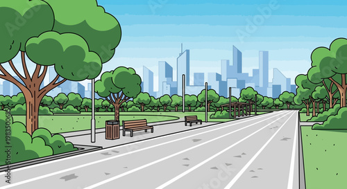 City park pathway with skyscrapers skyline background, summer day