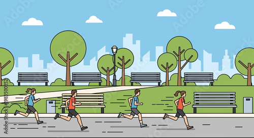 People running in a park, urban marathon, outdoor fitness, active lifestyle, cityscape background