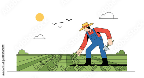 Farmer working in a field, planting crops, flat design, sunny day, agriculture concept