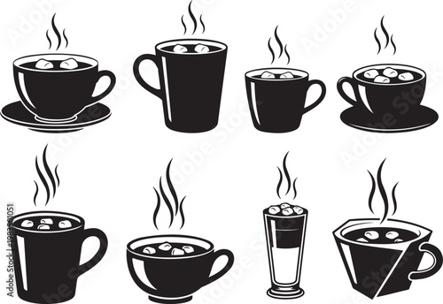 Steaming cups filled with hot chocolate and marshmallows.Hot chocolate and marshmallows silhoette vector illustrator.