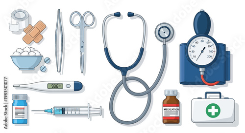 Medical Instruments Collection: Stethoscope, Blood Pressure Monitor, Syringe, Thermometer, Scissors