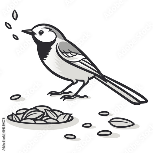 A charming black and white illustration depicts a small bird possibly a titmouse perched near scattered seeds high quality professional detailed modern