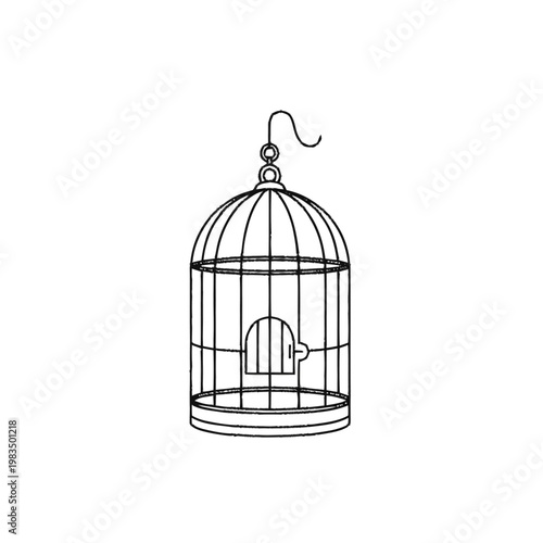 Empty Bird Cage Vector Line Art Illustration. Minimalist Black and White Outline Icon of a Classic Pet Bird Enclosure.