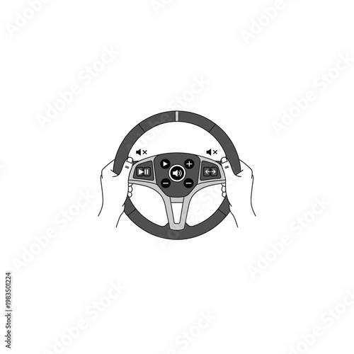 Modern car steering wheel with control buttons icon