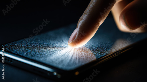 Touching a smartphone screen with one finger in a dark setting during the evening hours