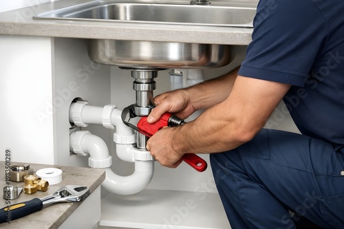 Professional plumber repairing under kitchen sink plumbing system with pipe wrench, fixing PVC P-trap drain pipe inside cabinet, home plumbing maintenance service in modern kitchen interior