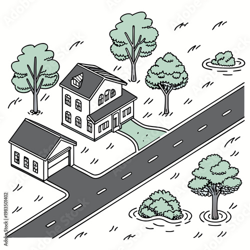 An isometric illustration depicts a quaint residential scene featuring a two story house a detached garage and surrounding landscaping high quality professional