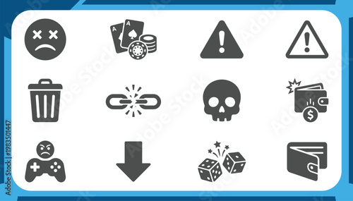 Large Collection of Risk and Warning Icons Featuring Danger Signal, Broken Link, Financial Loss, Gambling Symbols and Error Message Graphic Elements Vector Set