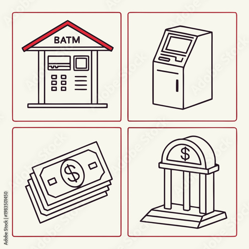 A grid displays four line art icons representing financial transactions a batm an atm cash and a bank high quality professional detailed