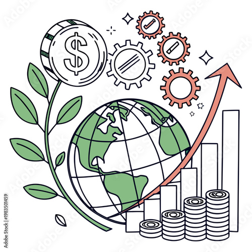 This illustration depicts global economic growth symbolized by money gears a world globe and a rising graph representing financial success high quality