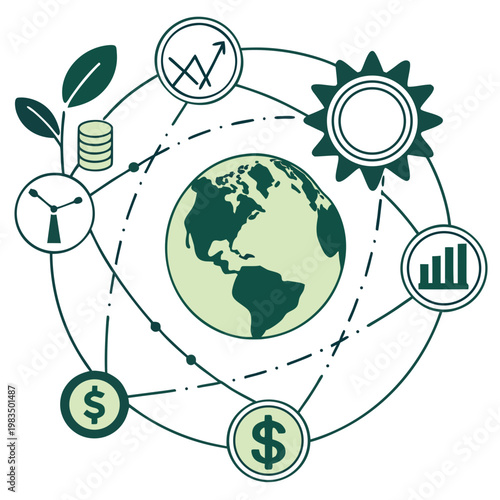 This illustration depicts global sustainability concepts including renewable energy economic growth and environmental responsibility in a circular design high quality professional detailed