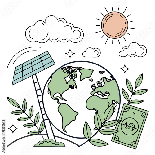 A stylized illustration depicts a globe with green landmasses a radiant sun fluffy clouds and symbols of sustainability and finance high quality