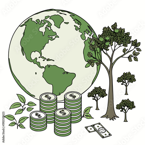 This illustration depicts a green earth alongside trees and stacks of money symbolizing environmental conservation and financial investment high quality professional detailed