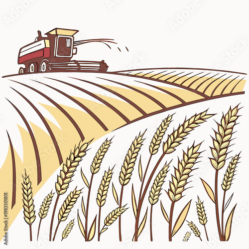 A stylized illustration depicts a combine harvester working in a golden wheat field with stalks of grain in the foreground high quality