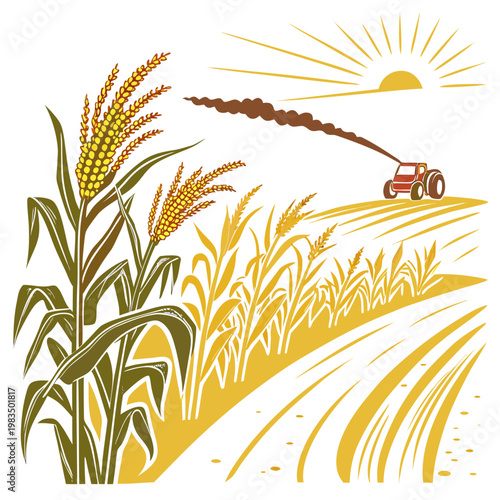 A stylized illustration depicts a red tractor fertilizing a vibrant field of corn and wheat under a radiant sun high quality professional