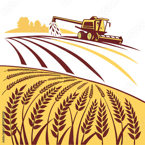 A stylized illustration depicts a combine harvester working in a golden wheat field under a clear sky showcasing agricultural abundance high quality