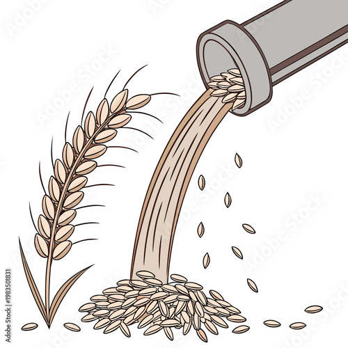 An illustrative depiction showcases golden wheat stalks and grains pouring from a cylindrical chute emphasizing agricultural harvest high quality professional detailed modern