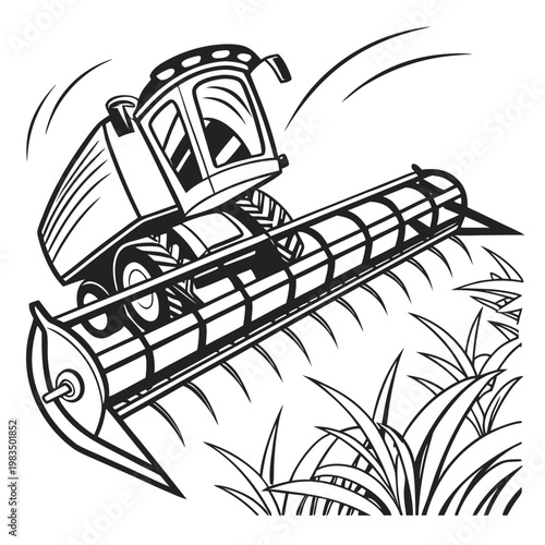 A detailed black and white illustration depicts a combine harvester actively cutting through a field of tall grass or wheat high quality