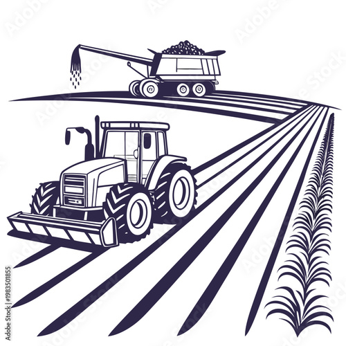 A stylized illustration depicts a tractor pulling farm equipment across a field while a combine harvester unloads grain high quality professional detailed