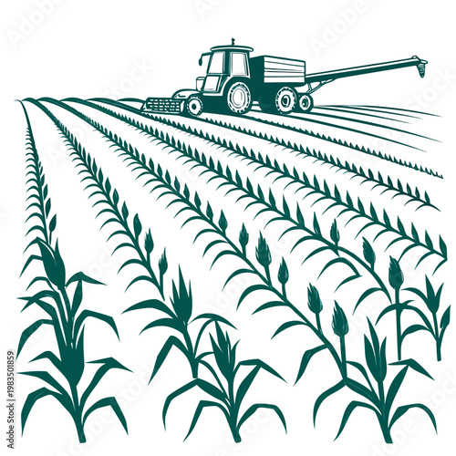 A stylized illustration depicts a large combine harvester moving through rows of cultivated crops likely corn in a field high quality professional