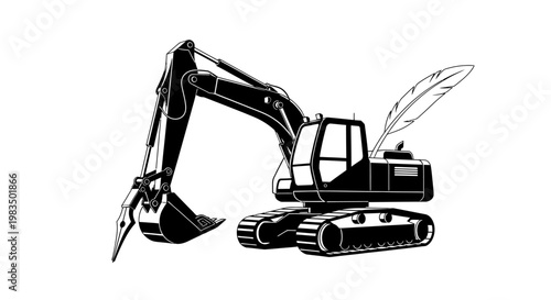 Black and white excavator machine illustration.