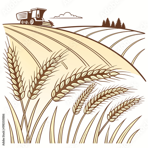 A stylized illustration depicts a combine harvester working in rolling wheat fields foregrounded by detailed stalks of golden wheat high quality professional