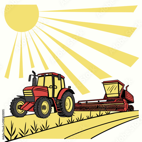 A vibrant illustration depicts a red tractor pulling a harvester through a golden field under a bright beaming yellow sun high quality