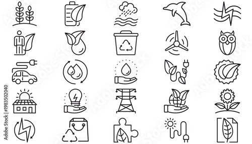 25 Minimalist Black Vector Icon Set Collection Bundle for Ecology, Renewable Energy, Sustainability, and Environment. Symbols for Solar Power, Recycling, Wind, Electric Cars, Nature, and Green Tech.