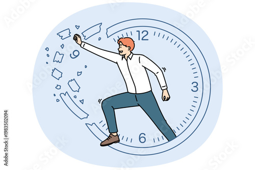 Business man is engaged in time management, breaking clock to increase productivity and complete task efficiently. Concept of importance of time management for accelerating career growth