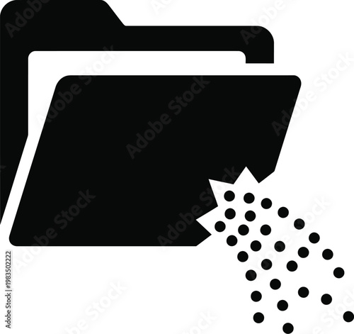 Minimalist black and white icon representing a digital data transfer or file deletion from an open folder symbolizing information loss data management or system cleanup with a clean modern