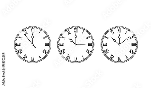 Minimal vintage clock faces Roman numerals line art vector illustration set isolated on white background
