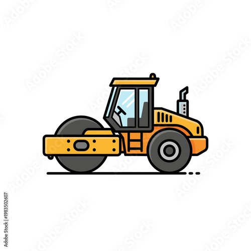 Heavy construction yellow road roller machine flat vector illustration