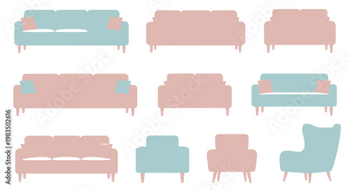 Collection of modern sofa and chair illustrations in pink and blue hues.