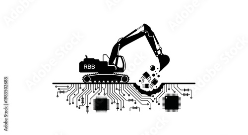 Excavator digging into circuit board.